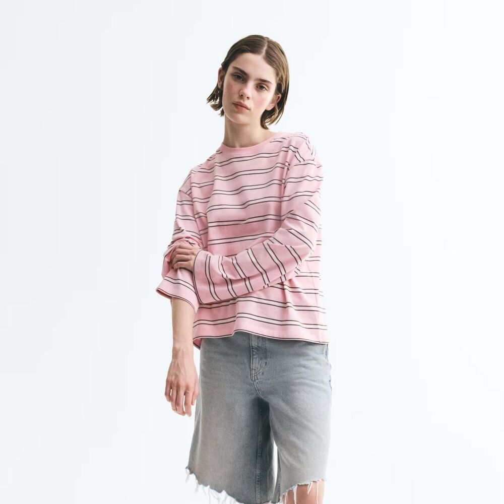 NWT H&M Pink Grey Striped Cotton Long Sleeve Top M